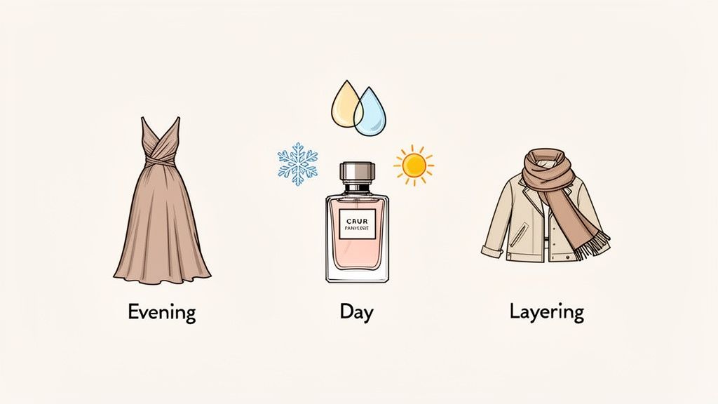 Illustration showing clothing choices: an evening dress, perfume for day, and layering outfit.