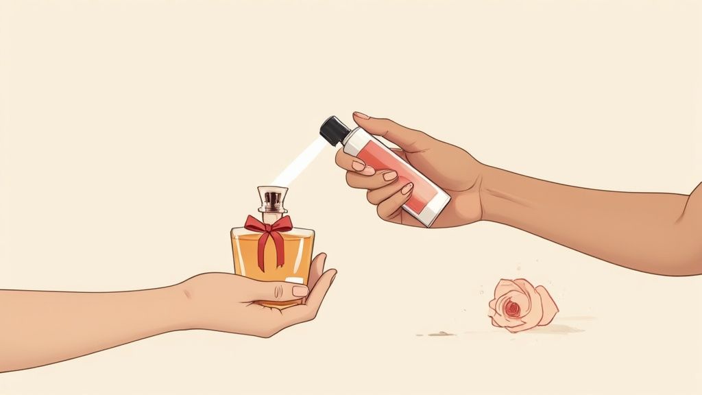 A person elegantly applying perfume to their wrist, with luxurious perfume bottles in the background.