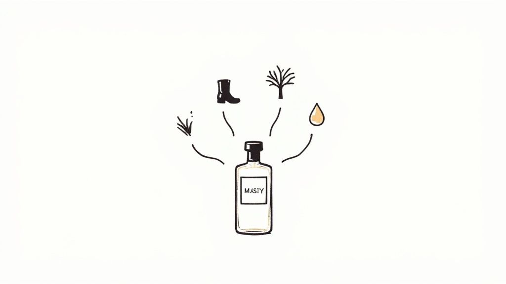 A stylized image showing various perfume notes like rose petals, saffron threads, and amber crystals surrounding a central bottle of oud perfume.
