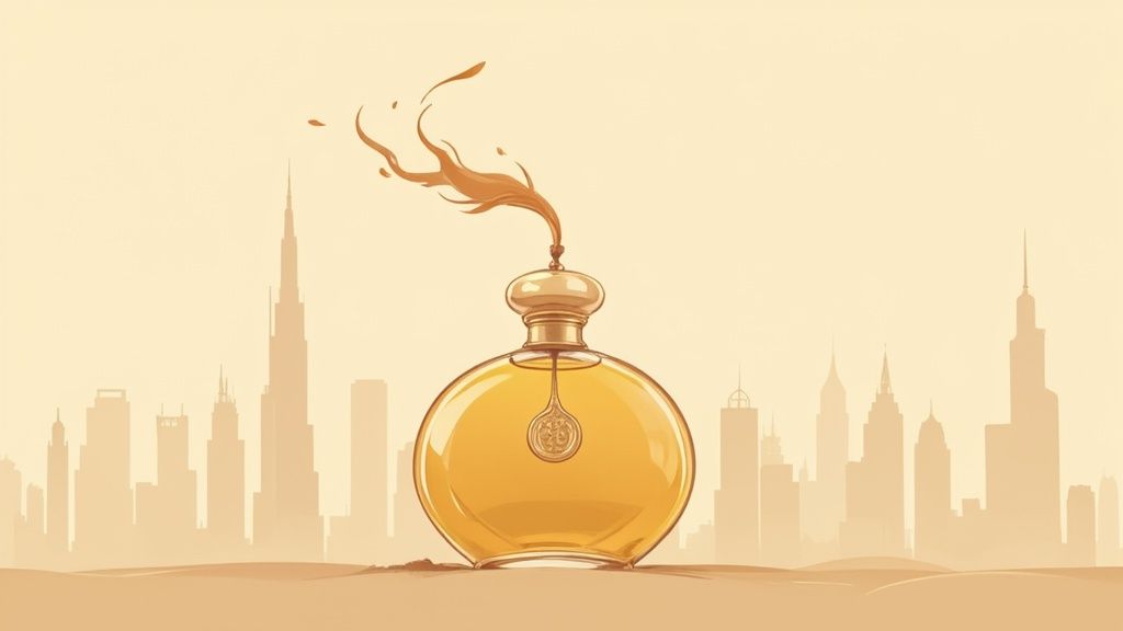 Ornate golden perfume bottle with decorative stopper against desert city skyline backdrop