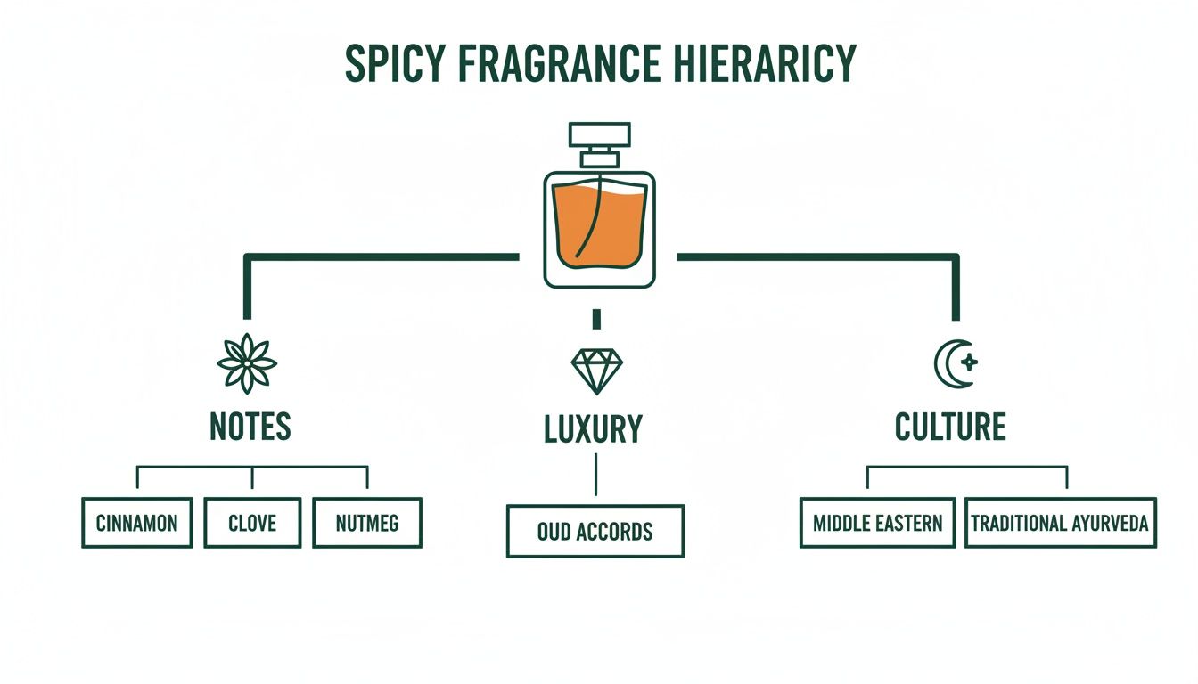 Infographic illustrating spicy fragrance hierarchy with notes (cinnamon, clove, nutmeg), luxury (oud), and cultural aspects.