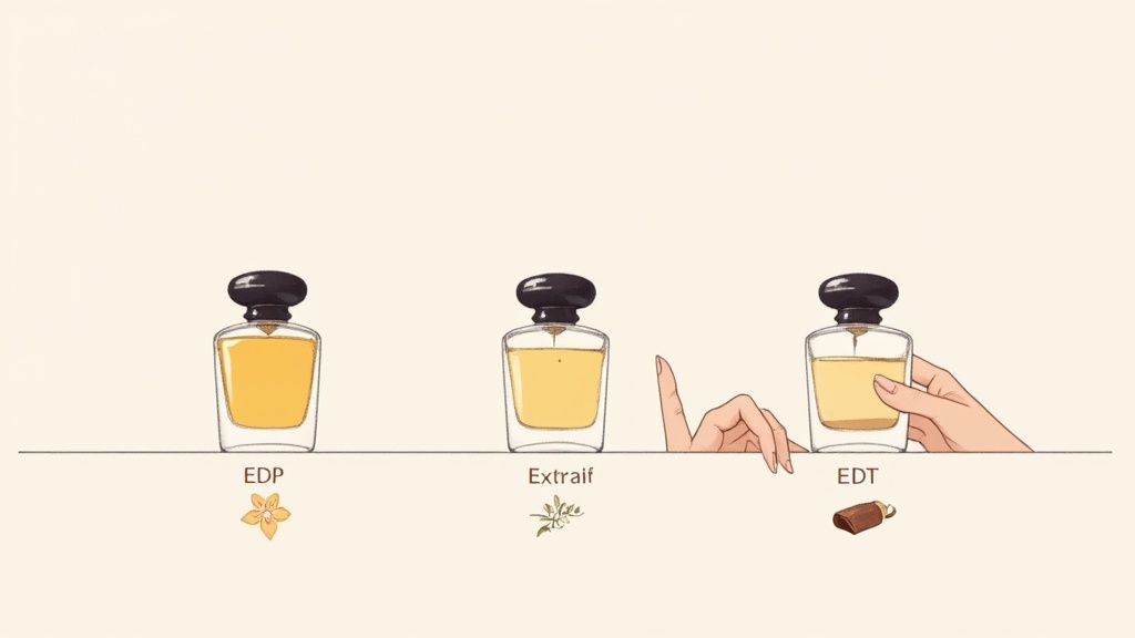 Several bottles of luxury patchouli oil perfume arranged artistically.