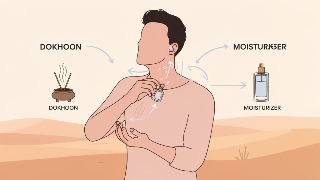 Illustration of a man applying fragrance, with dokhoon incense and a moisturizer bottle, showing scent layering.