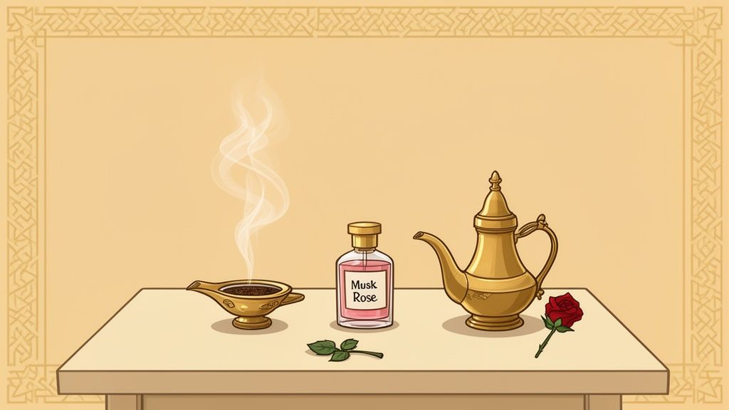 A Middle Eastern-inspired still life with an incense burner, perfume, a teapot, and roses on a table.