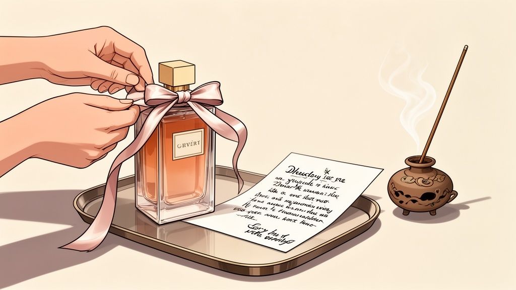 Hands carefully tying a pink ribbon around an elegant 'OHVERT' perfume bottle, next to a handwritten letter and a smoking incense stick in a ceramic holder on a tray.