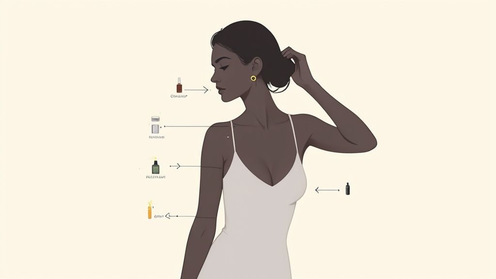 An illustration of a woman in a white dress, with arrows pointing to various perfume and beauty products.