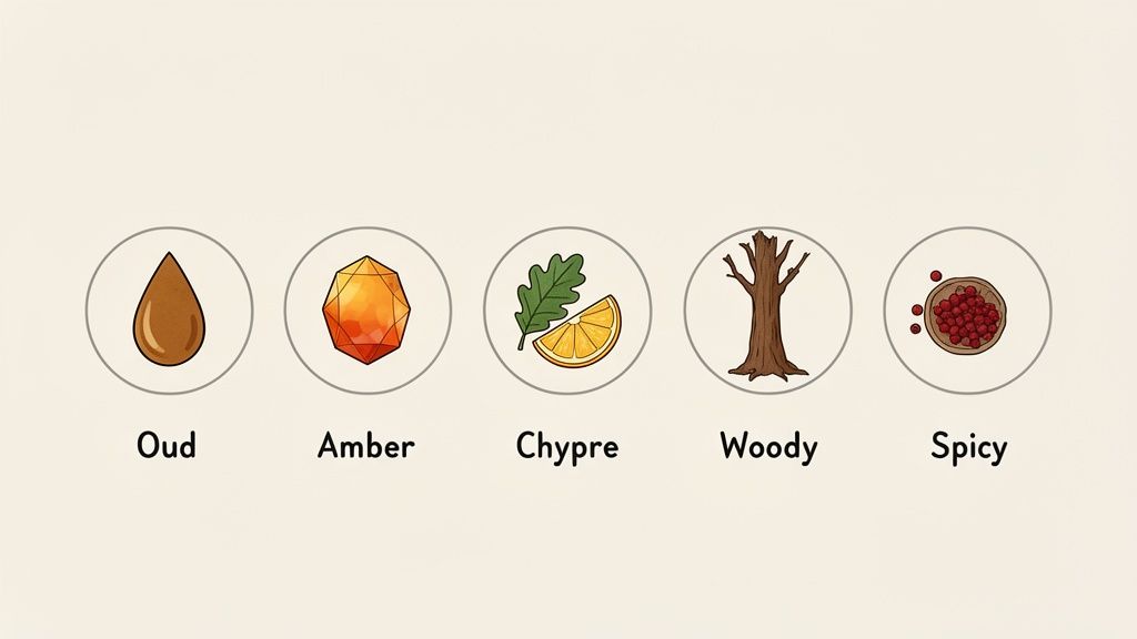 Illustrations of five perfume fragrance notes: Oud, Amber, Chypre, Woody, and Spicy categories.