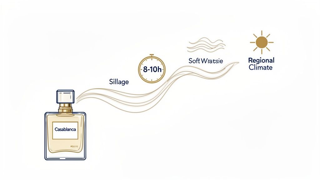 Illustration of Casablanca perfume attributes: sillage, 8-10h longevity, soft Watsie, and regional climate.