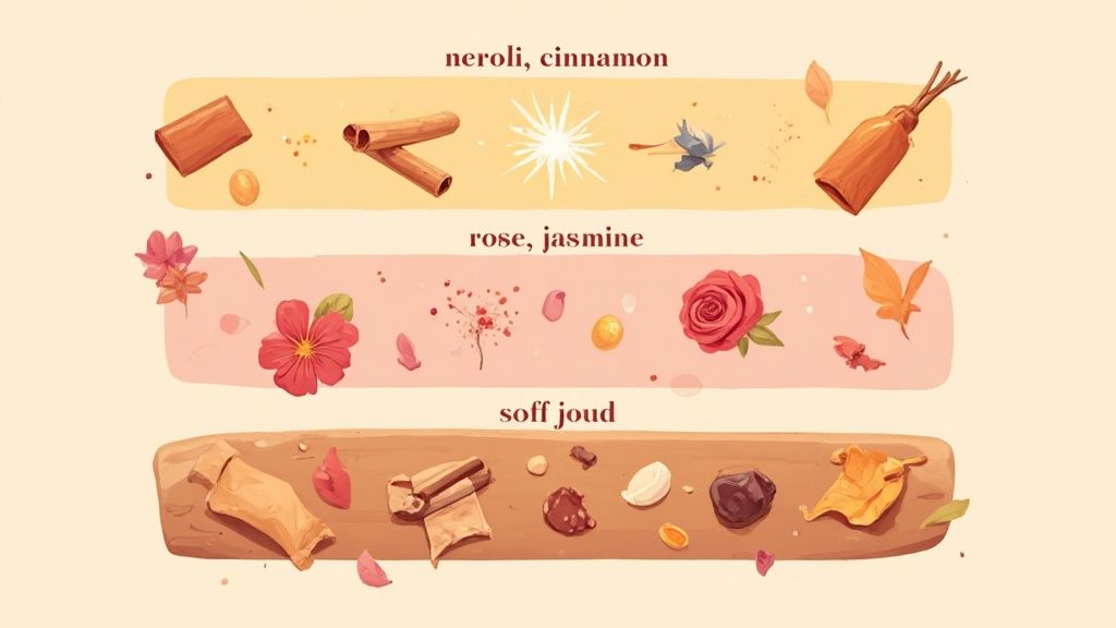 Illustration of three distinct scent profiles: neroli/cinnamon, rose/jasmine, and soff joud ingredients.