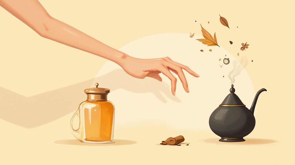 Elegant hand reaching toward honey jar and traditional teapot with autumn leaves floating above
