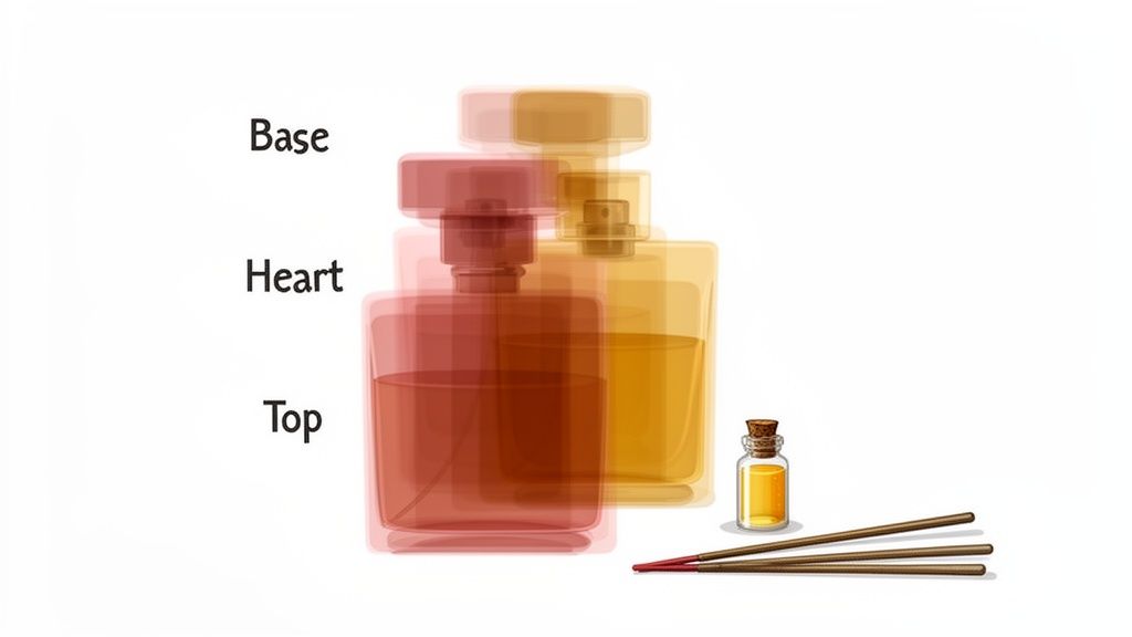 Illustration showing perfume notes (Top, Heart, Base) with layered bottles, an essential oil, and incense sticks.