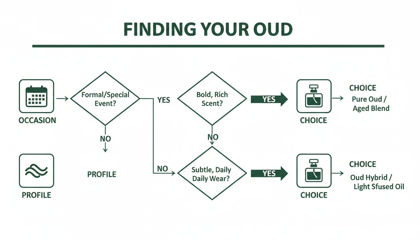 Flowchart for finding your perfect oud fragrance based on occasion and desired scent profile.