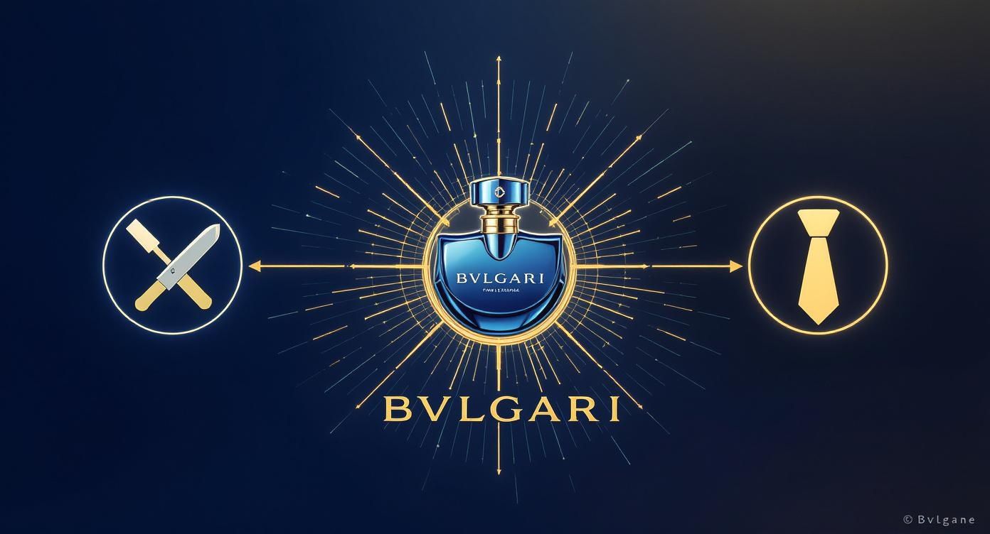 Bulgari perfume bottle at center, transforming tools on left into a sophisticated tie on right.