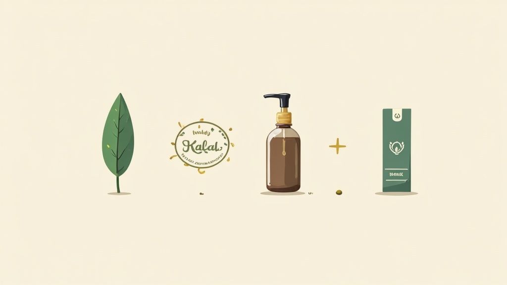 An illustration depicting natural skincare elements: a green leaf, brand logo, pump bottle, and product packaging.
