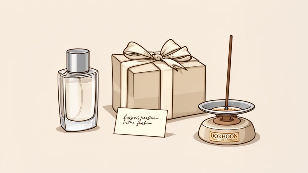 A perfume bottle, a beige gift box with a bow, an incense stick in a Dokhoon holder, and a card.