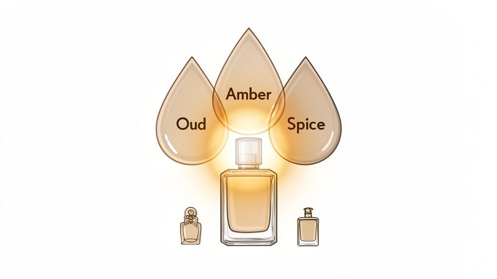 Illustration showing three perfume ingredients: Oud, Amber, and Spice, merging into a perfume bottle.