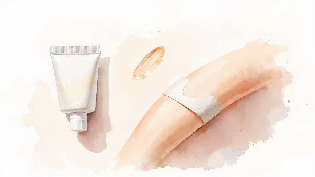 Nahahooldustooted: kreemituub, kreemiplekk ja käsi nahaplaastriga. Näitlikustab naha ravi või kaitset.