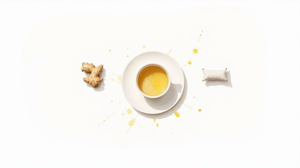 Ylhäältä kuvattu inkiväärejä, kupillinen keltaista juomaa ja pieni tyyny valkoisella pinnalla keltaisten roiskeiden kanssa.