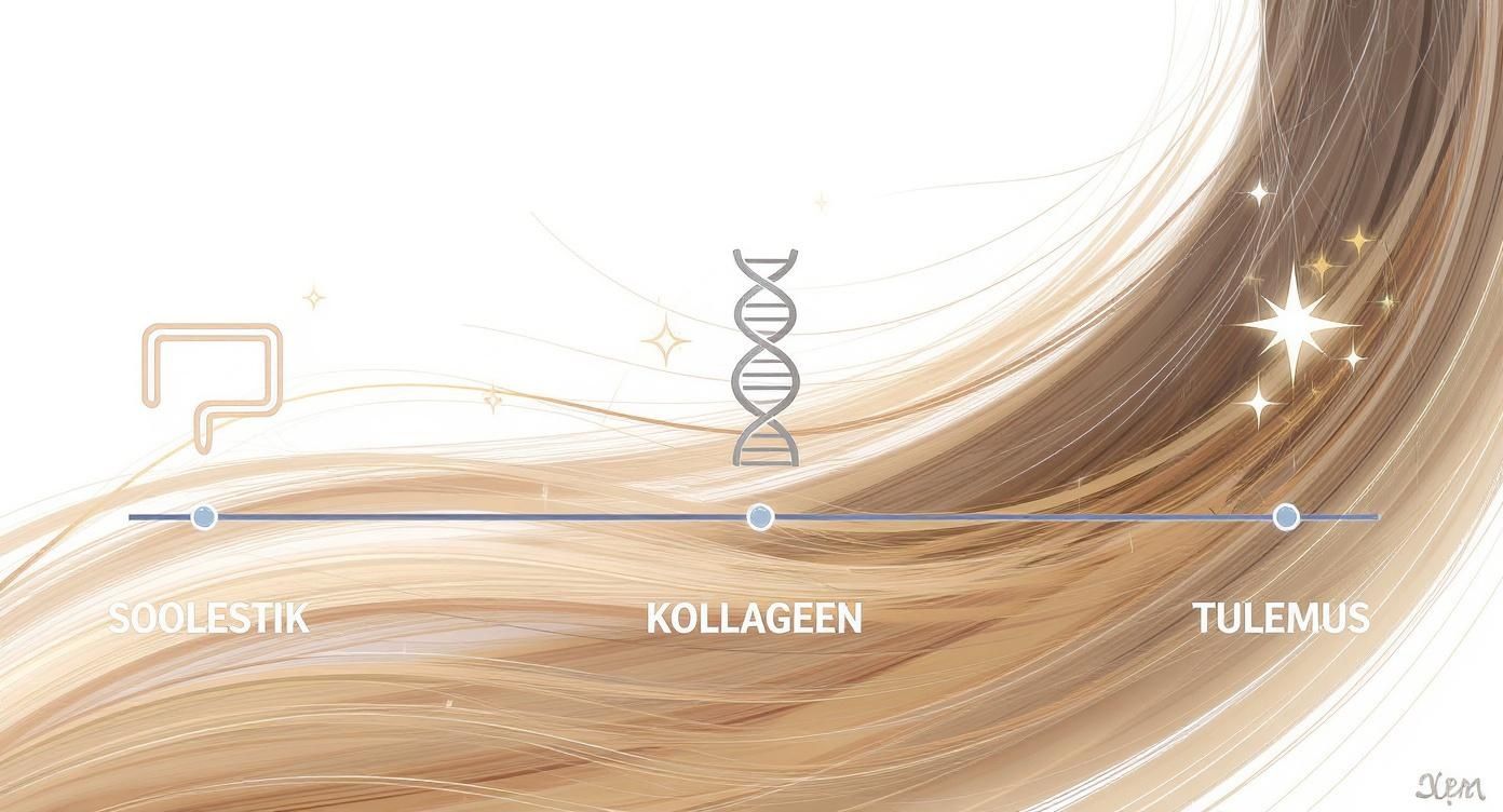 Graafik illustreerib soolestiku, kollageeni ja juuste tervise seost, mis viib särava tulemuseni.