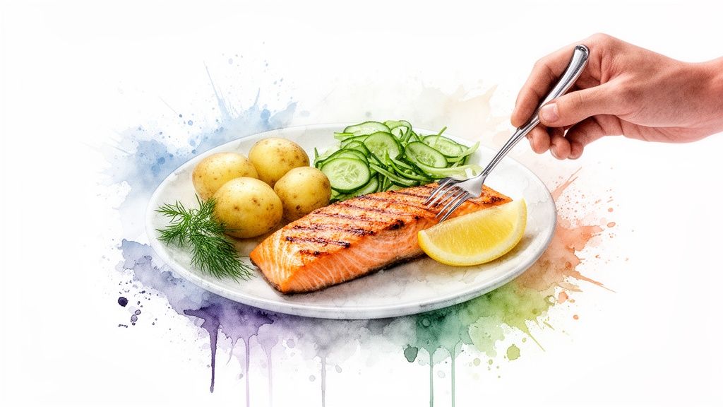 Lautasella grillattu lohiperuna-ateria, jossa kurkkua ja sitruunaa, käsi syömässä haarukalla.