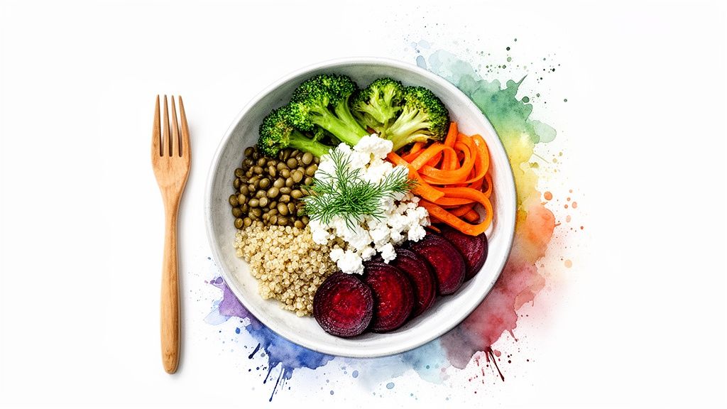 Kuvassa värikäs ja terveellinen kulho, joka sisältää parsakaalia, linssejä, kvinoaa, porkkanoita ja punajuuria.