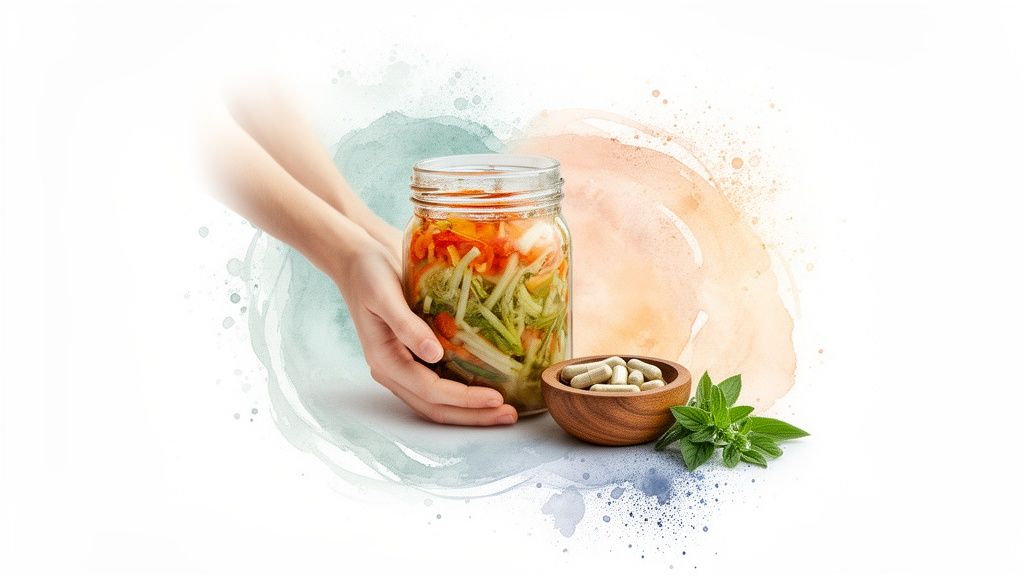 Käed hoiavad purki kääritatud köögiviljadega, probiootilised kapslid kausis ja rohelised ürdid valgel taustal.