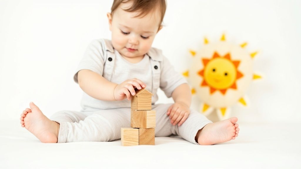 Beebi istub rahulikult valgel taustal, mängides puidust klotsidega, taustal päikese mänguasi.
