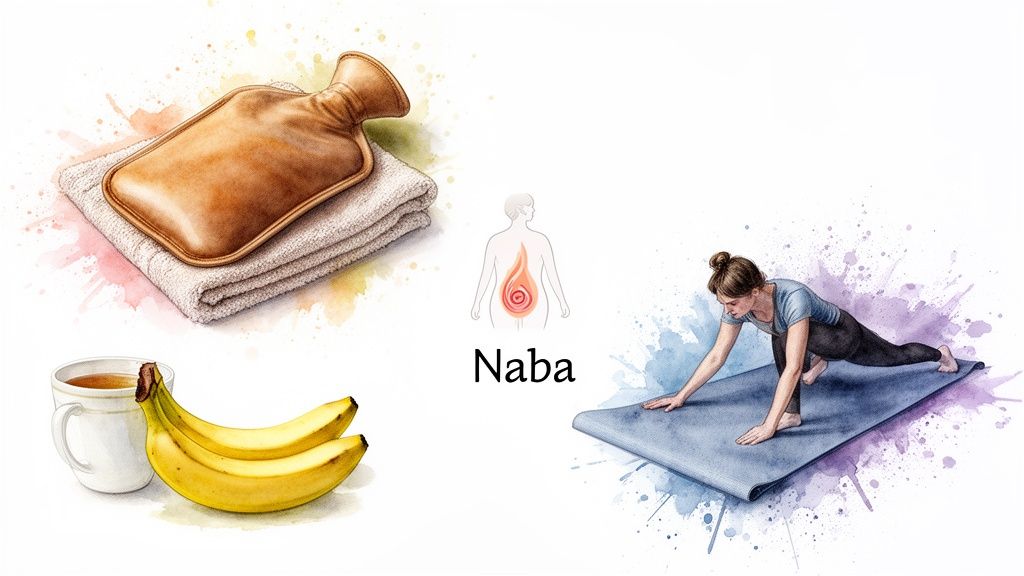 Pildil on kuumaveepudel rätikul, tass teed, banaanid, naba diagramm ja joogat tegev naine.