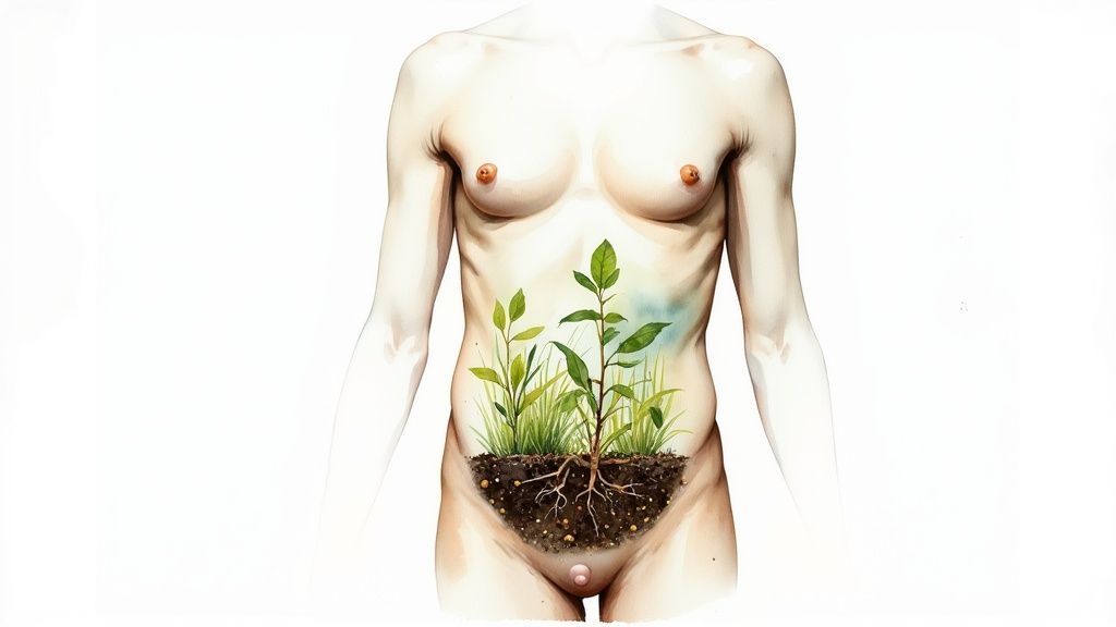 Inimese torso, mille kõhust kasvavad rohelised taimed mullas, sümboliseerides keha ja looduse ühendust.