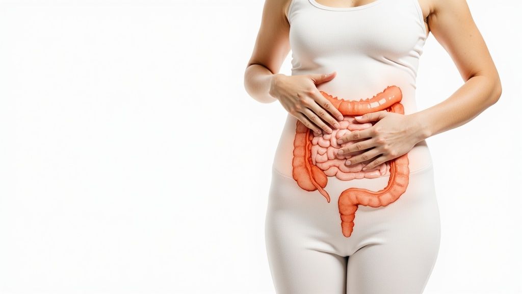 Henkilö pitää kiinni vatsastaan, jossa suolisto on korostettuna. Kuva viittaa vatsakipuun ja ruoansulatusongelmiin.