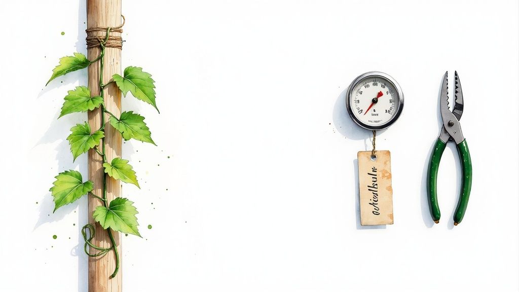 Taim ronib puidust postist üles, kõrval on mõõdik ja aiaplokid valgel taustal.