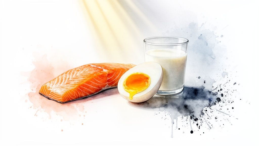 Päikesevalgus paistab lõhele, keedetud munale ja piimaklaasile, mis on head D-vitamiini allikad.