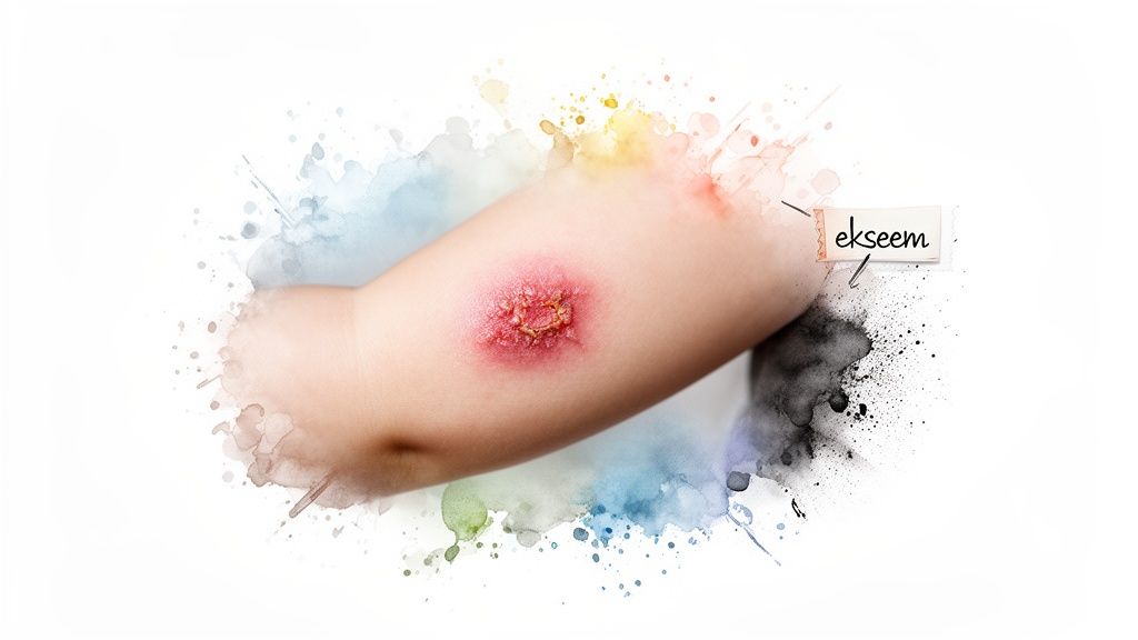 Lapse käsi punase, põletikulise ja koorikuga nahalööbega, millele viitab tekst "ekseem".