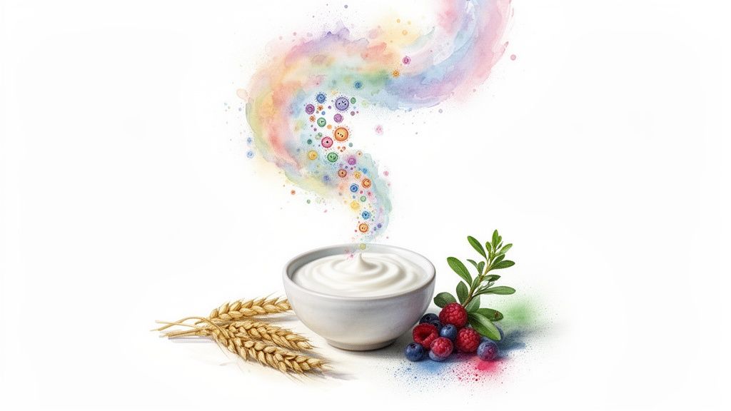 Kauss jogurtiga, millest kerkib värviline probiootikumide pilv, koos teravilja ja marjadega.