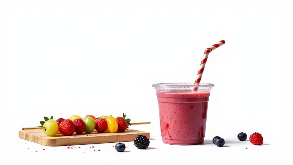 Roosa smuuti punase-valgetriibulise kõrrega, puuviljavarras ja marjad valgel taustal.