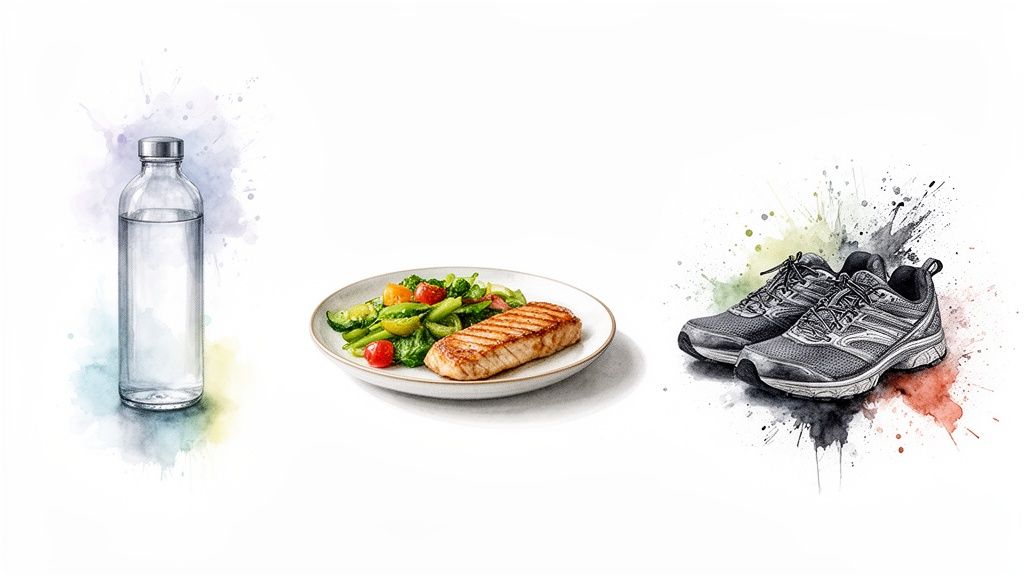 Klaasist veepudel, tervislik eine (lõhe ja salat) ja jooksutossud tervisliku elustiili sümbolitena.