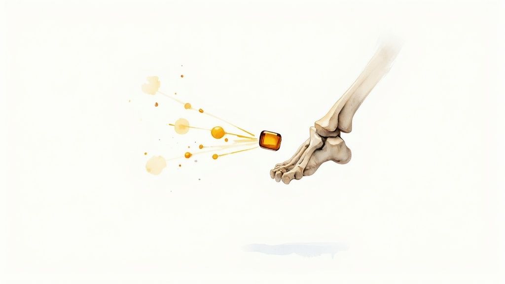 Oranž vitamiinikapsel ja kuldsed tilgad liiguvad luustiku jala poole valgel taustal.