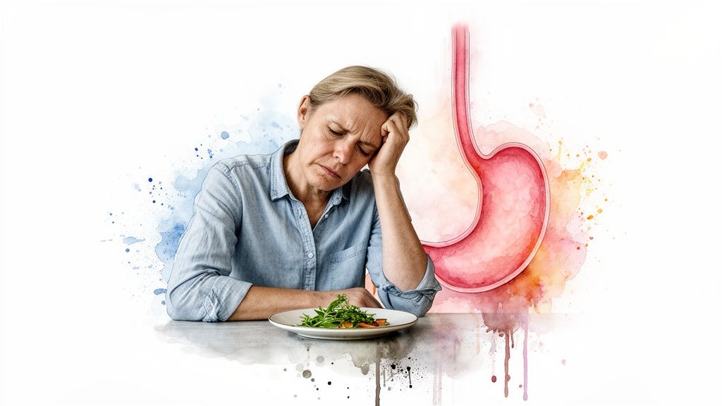 Naine kannatab kõhuvalu käes, kaotades isu toidu vastu, taustal on mao illustratsioon.