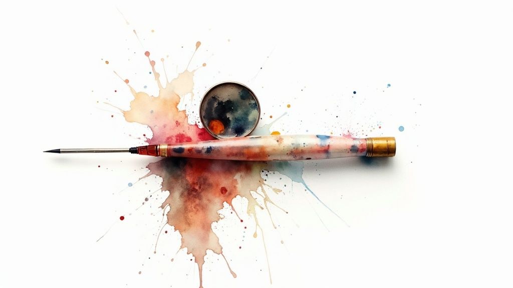 Kunstipintsel ja värvipalett valgel taustal akvarellpritsmetega, mis loovad loomingulise stseeni.