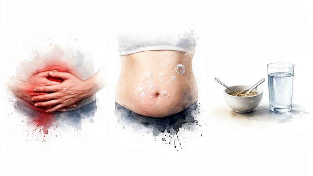 Kolm pilti kujutavad kõhuvalu, puhitust mullidega ja lihtsat einet veega seedeprobleemide leevendamiseks.