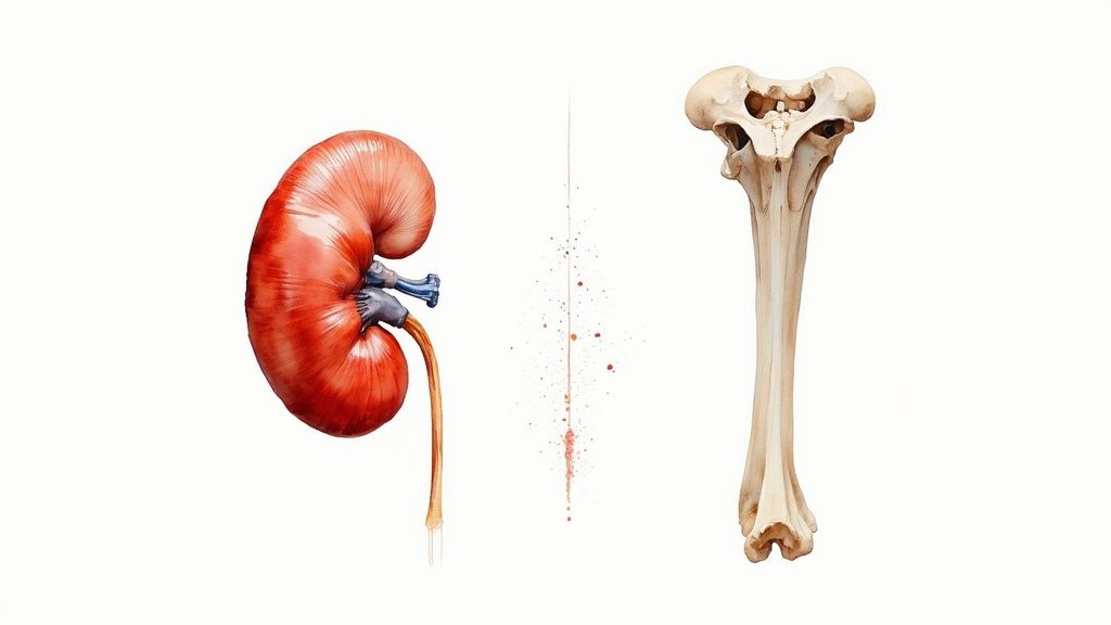 Munuaisen ja pitkän luun akvarellikuvitus valkoisella taustalla, erotettu väripisaroiden viivalla.