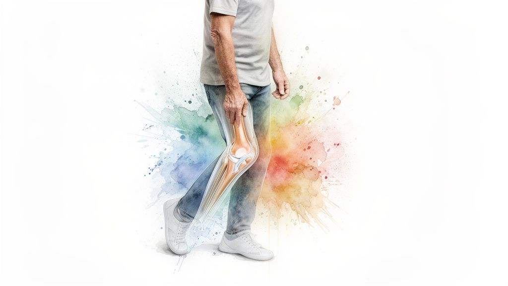 Inimene hoiab oma põlve, näidates põlve luustiku ja liigeste struktuuri värvilisel taustal.