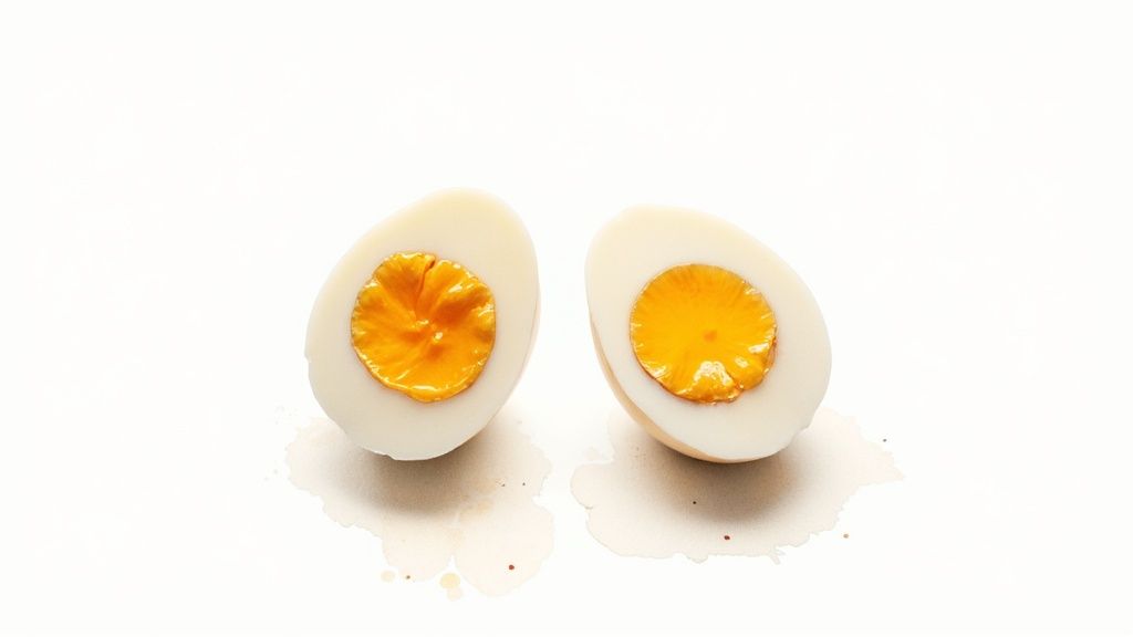 Kaksi puoliksi leikattua keitettyä kananmunaa, joissa on kirkkaan keltaiset keltuaiset, valkoisella pinnalla.