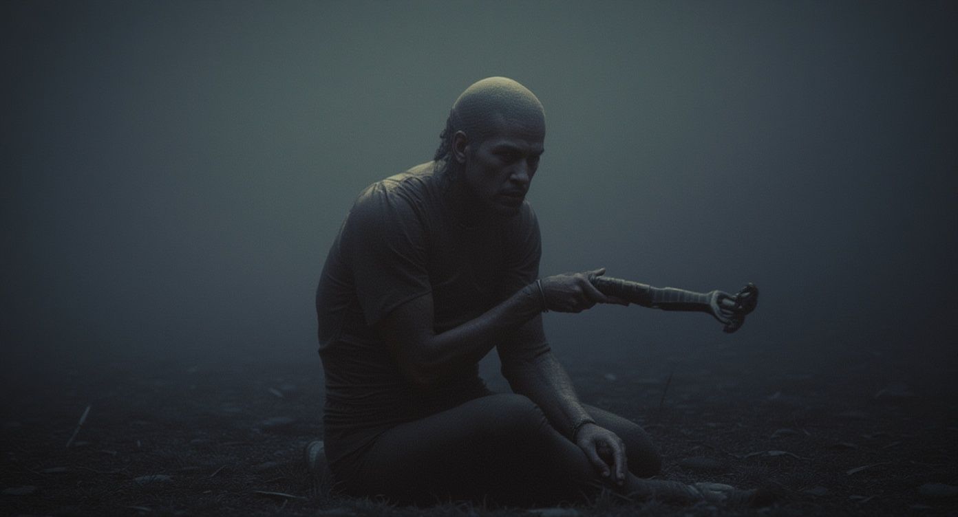 Pimedas ja uduses keskkonnas istuv mees hoiab kättes pulka, nägu suunatud allapoole.