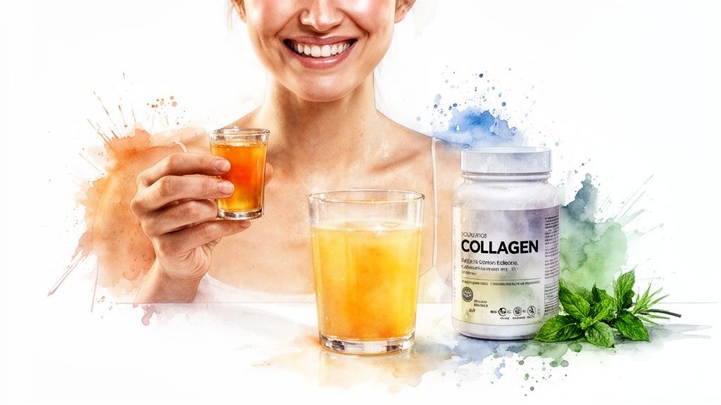 Pildil naeratav naine apelsinimaitselise kollageenijoogiga, kõrval toidulisandi pudel ja värske piparmünt.