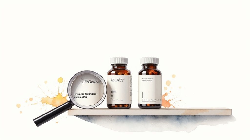 Kaks pruuni pudelit toidulisanditega puitriiulil, suurendusklaasiga ees, mis näitab sildi teksti.