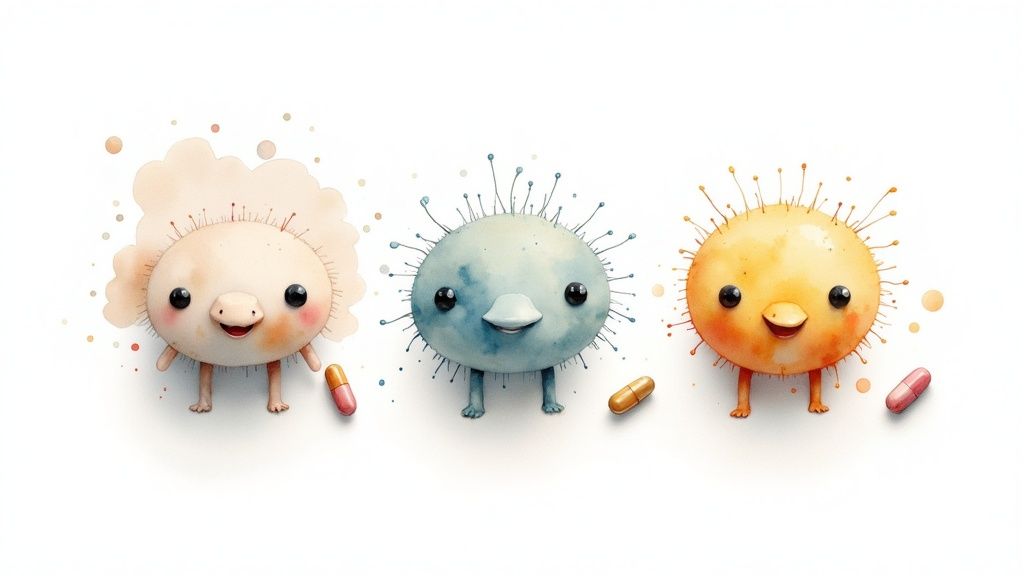 Lõbusad, akvarellistiilis probiootikumid ja kapslid, mis näevad välja nagu sõbralikud bakterid.