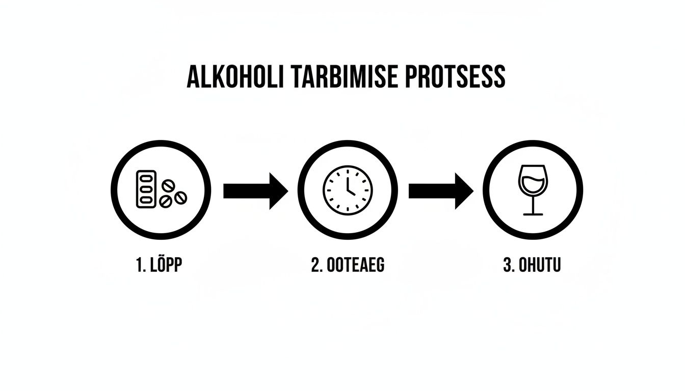 Pilt illustreerib alkoholi tarbimise protsessi etappidega: tabletid (lõpp), ooteaeg ja ohutu joomine.