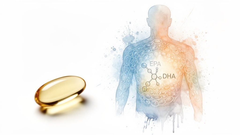 Kuldne oomega-3 kapsel ja inimkeha illustratsioon EPA ja DHA molekulidega, sümboliseerides tervislikke eeliseid.