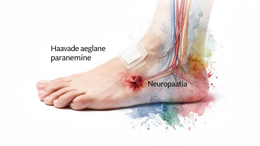 Inimese jalg, millel on aeglaselt paranev haav, sidemega ja närvisüsteemi illustratsiooniga, viidates neuropaatiale.